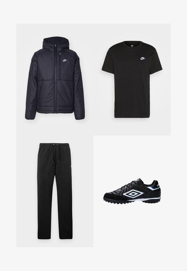 Chaqueta acolchada negra de Nike con cremallera frontal y capucha. Presenta un logo blanco en el lado izquierdo del pecho y dos bolsillos frontales. Textura exterior suave.; Camiseta de algodón negra con mangas cortas, cuello redondo y un pequeño logo blanco de Nike en la parte superior del lado izquierdo del pecho. Textura suave. Corte clásico.; Pantalones deportivos negros de felpa, con una cinturilla elástica con cordones, dos bolsillos delanteros y un pequeño logo en el muslo.; Botas de fútbol negras con parte superior de cuero sintético texturizado, detalles en blanco y azul, suela de goma con tacos para tracción.
