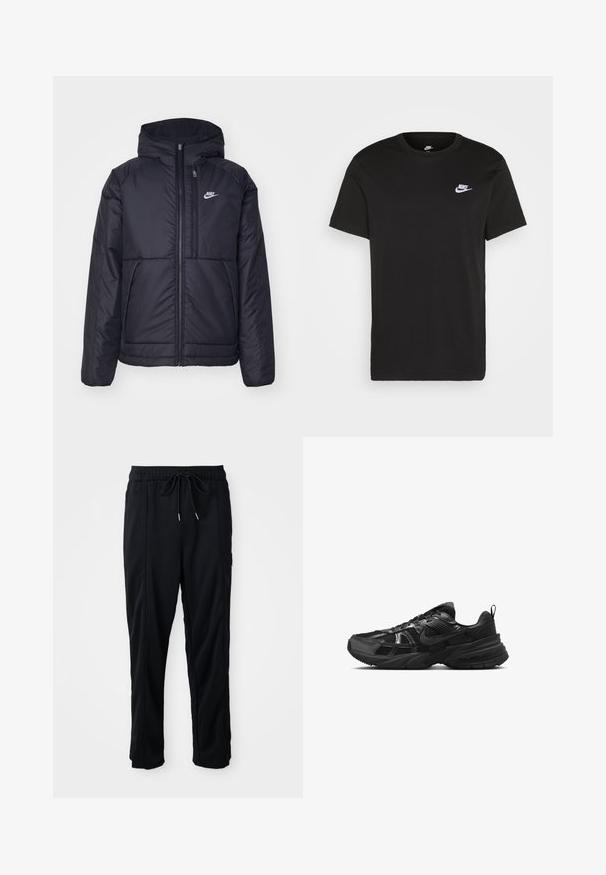 Svart, vadderad Nike-jacka med dragkedja framtill och huva. Har en vit logotyp på vänster bröst och dubbla framfickor. Slät yttextur.; Svart bomullströja med korta ärmar, rund hals och en liten vit Nike-logotyp på övre vänstra bröstet. Slät textur. Klassisk passform.; Svarta byxor med dragsko i midjan, avslappnad stil, med sidfickor och rak benklippning på en plain bakgrund.; Svart atletisk sko med mesh-övre, gummisula och texturerade detaljer. Har en snörningsdesign och en distinkt logotyp på sidan.
