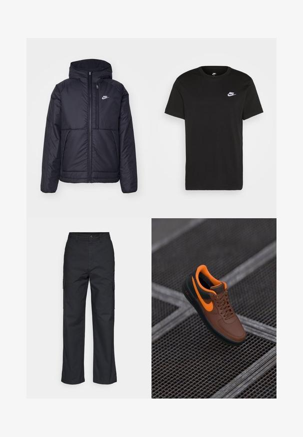 Črna, podložena Nike jakna z sprednjim zadrgo in kapuco. Ima bel logo na levem prsnem delu in dvojna sprednja žepa. Gladka zunanja tekstura.; Črna bombažna majica s kratkimi rokavi, okroglo ovratnikom in majhnim belim logotipom Nike na zgornji levi strani prsi. Gladka tekstura. Klasičen kroj.; Črne cargo hlače s ravnim krojem, ki imajo stranske žepke in teksturirano tkanino. Zapenjanje na gumb pri pasu za varen oprijem.; Rjavi usnjeni športni copat z oranžnimi detajli, okrogla konica, vezalni dizajn in teksturirana površina. Zelen gumijast podplat s vidnim logotipom 'AIR'.