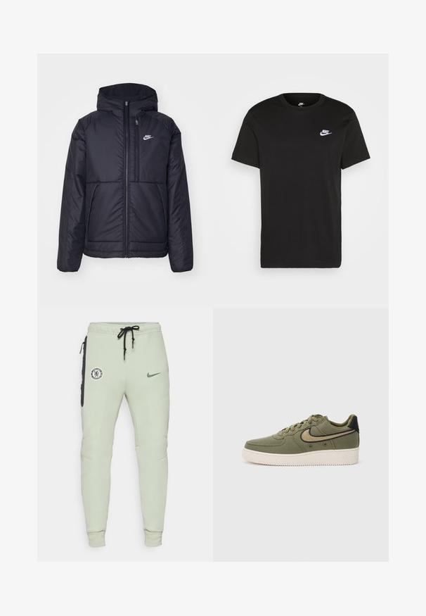 Melna, pufota Nike jaka ar priekšējo rāvējslēdzēju un kapuci. Iezīmēta ar baltu logotipu uz kreisās krūtis un divām priekšējām kabatām. Gluda ārējā tekstūra.; Melna kokvilnas T-kreklu ar īsām piedurknēm, apaļu kakla izgriezumu un mazu balto Nike logu kreisajā augšējā krūtī. Gluda tekstūra. Klasiskais piegriezums.; Gaiši zaļas treniņbikses ar pieguļošu dizainu, ar Chelsea FC logo un Nike swoosh, sānu kabatām ar melniem akcentiem un elastīgām piedurknēm.; Olīvu zaļas auduma kedas ar melniem akcentiem, ar auklu aizdari, mīkstu apkakli un strukturētu zoli ar "AIR" zīmolu.