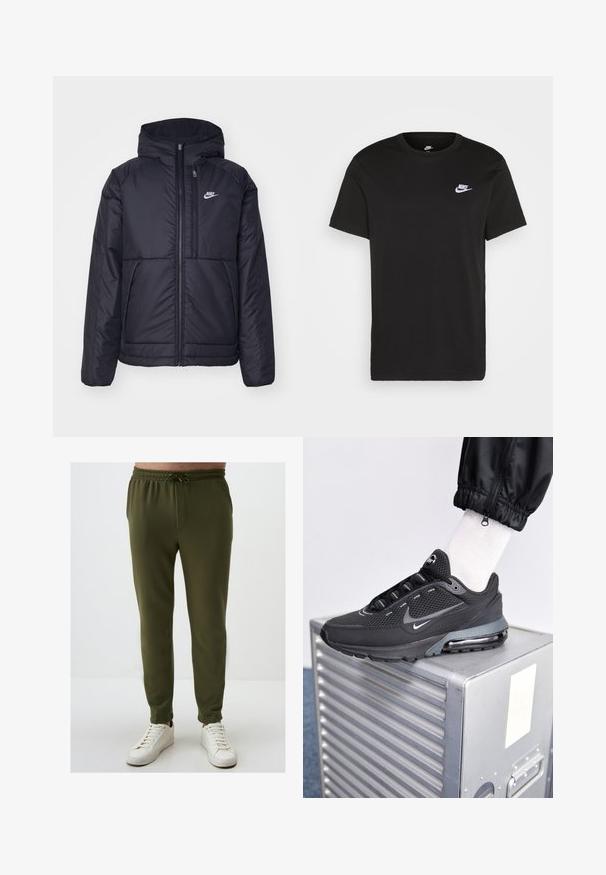 Zwarte, gewatteerde Nike-jas met een voorkant met ritssluiting en capuchon. Kenmerkt zich door een wit logo op de linkerborst en dubbele frontzakken. Gladde buitenkant.; Zwart katoen T-shirt met korte mouwen, ronde hals en een klein wit Nike-logo op de bovenste linkerborst. Gladde textuur. Klassieke pasvorm.; Olijfgroene joggingsbroek met een elastische tailleband, trekkoorddetails en een taps toelopende pijp, gecombineerd met witte sneakers. Soepele textuur.; Nike Sportswear PULSE - Sneakers laag - black/anthracite