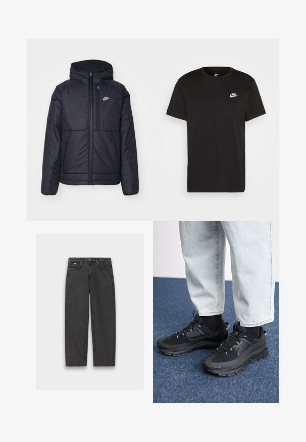 Black, padded Nike jacket with a front zipper and hood. Features a white logo on the left chest and dual front pockets. Smooth exterior texture.; Black cotton T-shirt with short sleeves, round neck, and a small white Nike logo on the upper left chest. Smooth texture. Classic fit.; Black straight-leg jeans with five pockets, button closure, and visible stitching laid flat on a neutral background.; Black athletic shoes with textured fabric and rubber soles, featuring elastic laces and a blue accent on the heel. Worn with light denim pants.