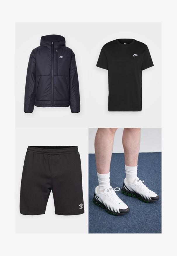 Svart, polstret Nike-jakke med frontglidelås og hette. Har en hvit logo på venstre bryst og doble frontlommer. Glatt ytterside.; Svart bomull T-skjorte med kort erm, rund hals, og en liten hvit Nike-logo på øvre venstre bryst. Myk tekstur. Klassisk passform.; Sorte idrettsshorts laget av myk stoff, med elastisk midje og en liten hvit logo på nederste venstre ben.; Hvite joggesko med svarte detaljer og grønn demping. Har en teksturert overdel, snøring og synlig merkevarelogo.
