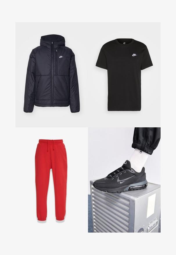 Zwarte, gewatteerde Nike-jas met een voorkant met ritssluiting en capuchon. Kenmerkt zich door een wit logo op de linkerborst en dubbele frontzakken. Gladde buitenkant.; Zwart katoen T-shirt met korte mouwen, ronde hals en een klein wit Nike-logo op de bovenste linkerborst. Gladde textuur. Klassieke pasvorm.; Rode sweatpants van zacht materiaal, met een elastische tailleband met koord, zijzakken en taps toelopende benen.; Nike Sportswear PULSE - Sneakers laag - black/anthracite