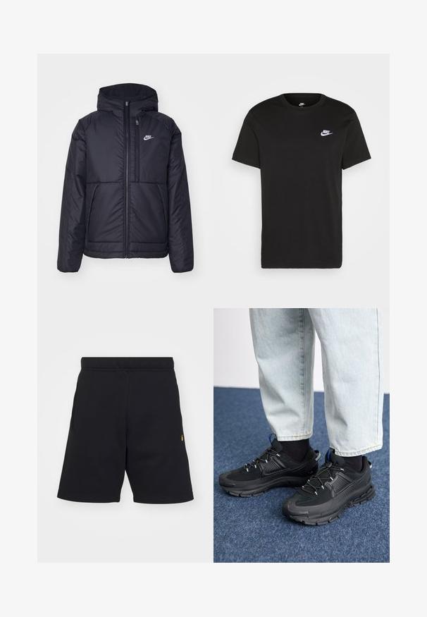 Black, padded Nike jacket with a front zipper and hood. Features a white logo on the left chest and dual front pockets. Smooth exterior texture.; Black cotton T-shirt with short sleeves, round neck, and a small white Nike logo on the upper left chest. Smooth texture. Classic fit.; Black shorts made of soft fabric, featuring an elastic waistband, side pockets, and a small gold logo accent on the lower left side.; Black athletic shoes with textured fabric and rubber soles, featuring elastic laces and a blue accent on the heel. Worn with light denim pants.