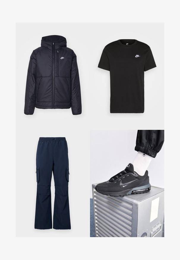 Schwarze, gepolsterte Nike-Jacke mit Frontreißverschluss und Kapuze. Hat ein weißes Logo auf der linken Brust und zwei Fronttaschen. Glattes äußeres Material.; Schwarzes Baumwoll-T-Shirt mit kurzen Ärmeln, Rundhals und kleinem weißem Nike-Logo auf der oberen linken Brust. Glatte Textur. Klassische Passform.; Marine Cargo-Hosen aus leichtem Stoff mit einem Kordelzugbund, zwei seitlichen Taschen und mit Reißverschluss versehenen Cargo-Taschen an beiden Beinen.; Nike Sportswear PULSE - Sneaker low - black/anthracite