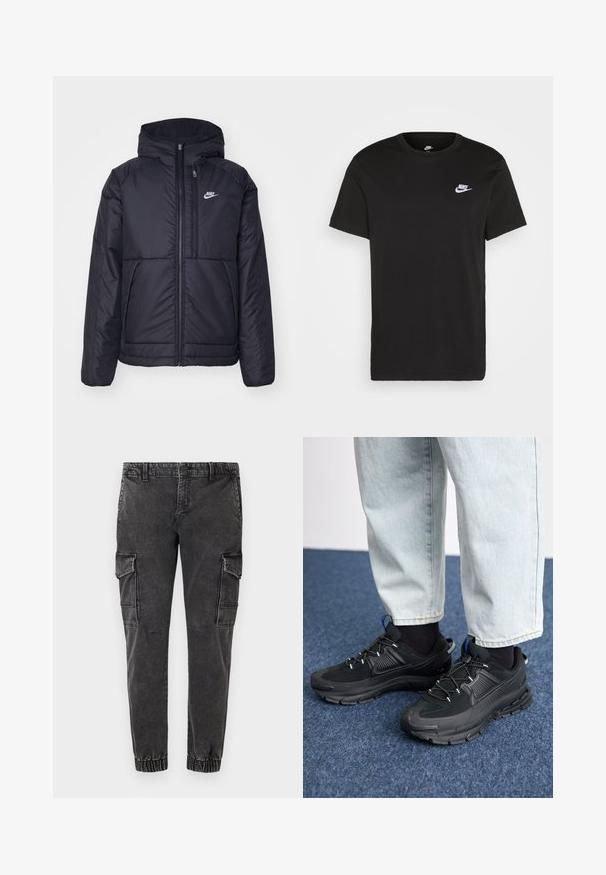 Zwarte, gewatteerde Nike-jas met een voorkant met ritssluiting en capuchon. Kenmerkt zich door een wit logo op de linkerborst en dubbele frontzakken. Gladde buitenkant.; Zwart katoen T-shirt met korte mouwen, ronde hals en een klein wit Nike-logo op de bovenste linkerborst. Gladde textuur. Klassieke pasvorm.; Zwarte cargobroek met elastische boorden, voorzien van grote zijzakken, een ontspannen pasvorm en een licht versleten, gestructureerde denimstof.; Zwarte sportschoenen met gestructureerde stof en rubberen zolen, met elastische veters en een blauwe accent op de hiel. Draag samen met lichte spijkerbroeken.