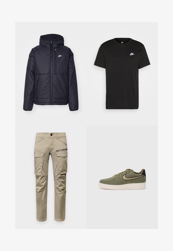 Svart, polstret Nike-jakke med frontglidelås og hette. Har en hvit logo på venstre bryst og doble frontlommer. Glatt ytterside.; Svart bomull T-skjorte med kort erm, rund hals, og en liten hvit Nike-logo på øvre venstre bryst. Myk tekstur. Klassisk passform.; Beige cargo bukser laget av bomullsblanding, med flere lommer, en glidelåslomme på låret og rett ben-design.; Oliven grønn lerretsjoggesko med svarte aksenter, med snøring, polstret krage og strukturert yttersåle med "AIR"-merke.