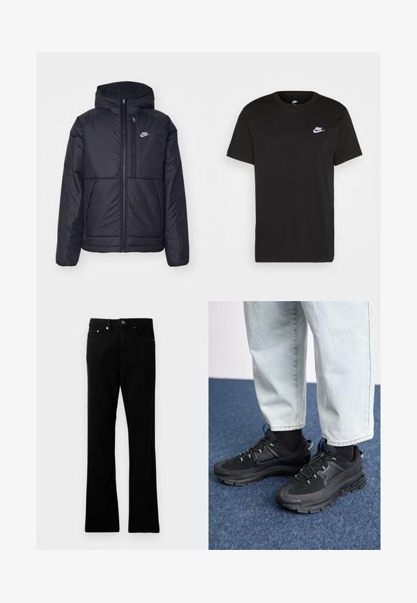 Črna, podložena Nike jakna z sprednjim zadrgo in kapuco. Ima bel logo na levem prsnem delu in dvojna sprednja žepa. Gladka zunanja tekstura.; Črna bombažna majica s kratkimi rokavi, okroglo ovratnikom in majhnim belim logotipom Nike na zgornji levi strani prsi. Gladka tekstura. Klasičen kroj.; Črne denim hlače ravnega kroja, pet žepov, kovinska gumbna zapirala in subtilni šivni detajli. Gladka tekstura in enotna barva.; Črne športne čevlje z teksturirano tkanino in gumijastimi podplati, ki imajo elastične vezalke ter modre poudarke na peti. Nosi se z lahkimi denim hlačami.