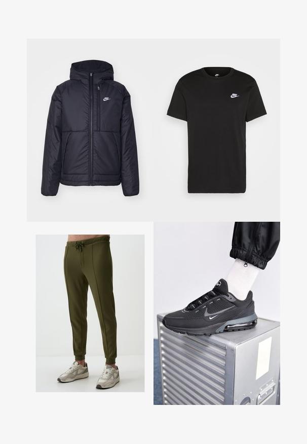 Zwarte, gewatteerde Nike-jas met een voorkant met ritssluiting en capuchon. Kenmerkt zich door een wit logo op de linkerborst en dubbele frontzakken. Gladde buitenkant.; Zwart katoen T-shirt met korte mouwen, ronde hals en een klein wit Nike-logo op de bovenste linkerborst. Gladde textuur. Klassieke pasvorm.; Olijfgroene joggerbroeken met een trekkoord in de taille, taps toelopende benen en zijnaden. Gecombineerd met beige en grijze sport sneakers.; Nike Sportswear PULSE - Sneakers laag - black/anthracite