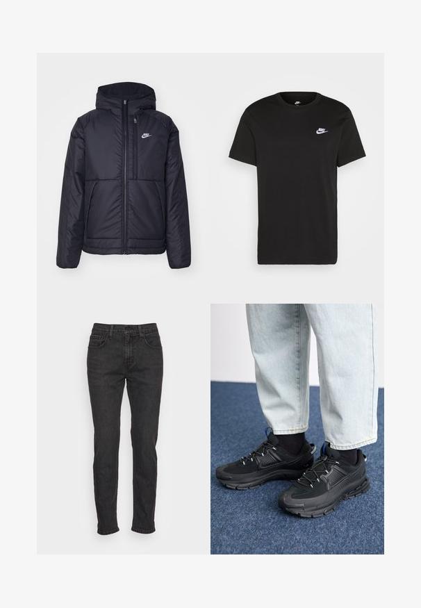Crna Nike jakna s podstavom, dugmadi sprijeda i kapuljačom. Ima bijeli logotip na lijevoj strani prsnog koša i dva prednja džepa. Glatka vanjska tekstura.; Crna pamučna majica s kratkim rukavima, okruglim izrezom i malim bijelim Nike logom na gornjoj lijevoj strani prsnog koša. Glatka tekstura. Klasičan kroj.; Crne traperice od denima s pripijenim krojem, koje sadrže pet džepova, petlju za pojas i suptilne detalje u šavu. Oštećena tekstura duž tkanine.; Crne atletske cipele s teksturiranom tkaninom i gumene potplate, s elastičnim vezicama i plavim akcentom na peti. Nosene su s svijetlim trapericama.