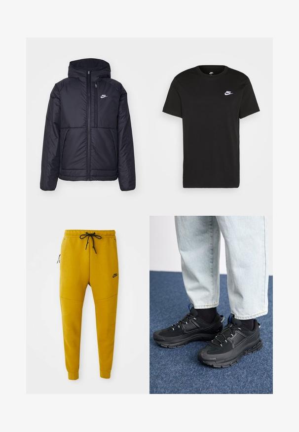 Casaco Nike preto, acolchoado, com fecho à frente e capuz. Apresenta um logo branco no lado esquerdo do peito e dois bolsos frontais. Textura exterior lisa.; T-shirt de algodão preto com mangas curtas, decote redondo e um pequeno logótipo da Nike em branco no canto superior esquerdo do peito. Textura suave. Ajuste clássico.; Fatos de treino da Nike em um vibrante amarelo mostarda, feitos de tecido suave. Apresentam uma cintura elástica com cordão, bolsos laterais com fecho e pernas ajustadas.; Sapatilhas desportivas pretas com tecido texturizado e solas em borracha, apresentando atacadores elásticos e um detalhe azul no calcanhar. Usadas com calças de ganga claras.