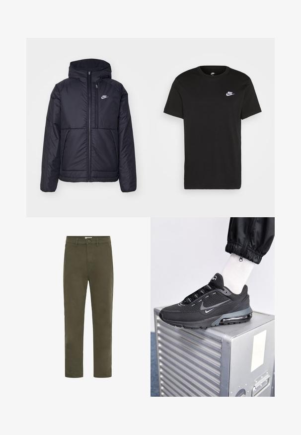 Zwarte, gewatteerde Nike-jas met een voorkant met ritssluiting en capuchon. Kenmerkt zich door een wit logo op de linkerborst en dubbele frontzakken. Gladde buitenkant.; Zwart katoen T-shirt met korte mouwen, ronde hals en een klein wit Nike-logo op de bovenste linkerborst. Gladde textuur. Klassieke pasvorm.; Herensoftgroene casual rechte broek met knoopsluiting en riemlussen, ontworpen voor dagelijks gebruik.; Nike Sportswear PULSE - Sneakers laag - black/anthracite