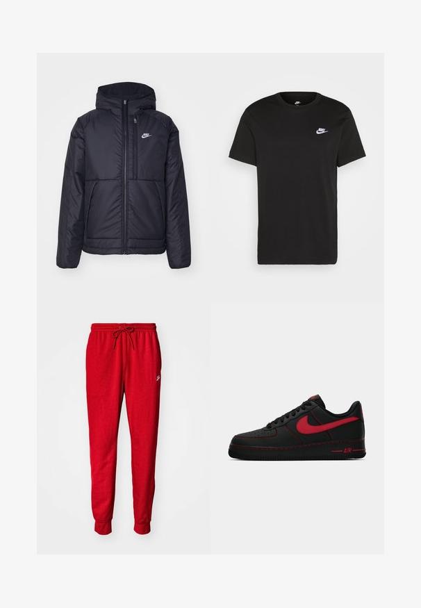 Μαύρο, επενδυμένο μπουφάν Nike με μπροστινό φερμουάρ και κουκούλα. Διαθέτει λευκό λογότυπο στο αριστερό στήθος και διπλές μπροστινές τσέπες. Λείο εξωτερικό υλικό.; Μαύρο βαμβακερό κοντομάνικο T-shirt με στρογγυλή λαιμόκοψη και ένα μικρό λευκό λογότυπο Nike στην επάνω αριστερή πλευρά του στήθους. Λείος υφασμάτινος ιστός. Κλασσική εφαρμογή.; Κόκκινες βαμβακερές φόρμες με κορδόνι στη μέση, ελαστικές μανσέτες και μικρή λογότυπη λεπτομέρεια στο πλάι. Μαλακή υφή, ευθεία γραμμή.; Μαύρα δερμάτινα αθλητικά παπούτσια Nike Air Force 1 με κόκκινες λεπτομέρειες, διαθέτουν λείο υλικό, τρυπητή μύτη και αντίθετη κόκκινη ραφή.