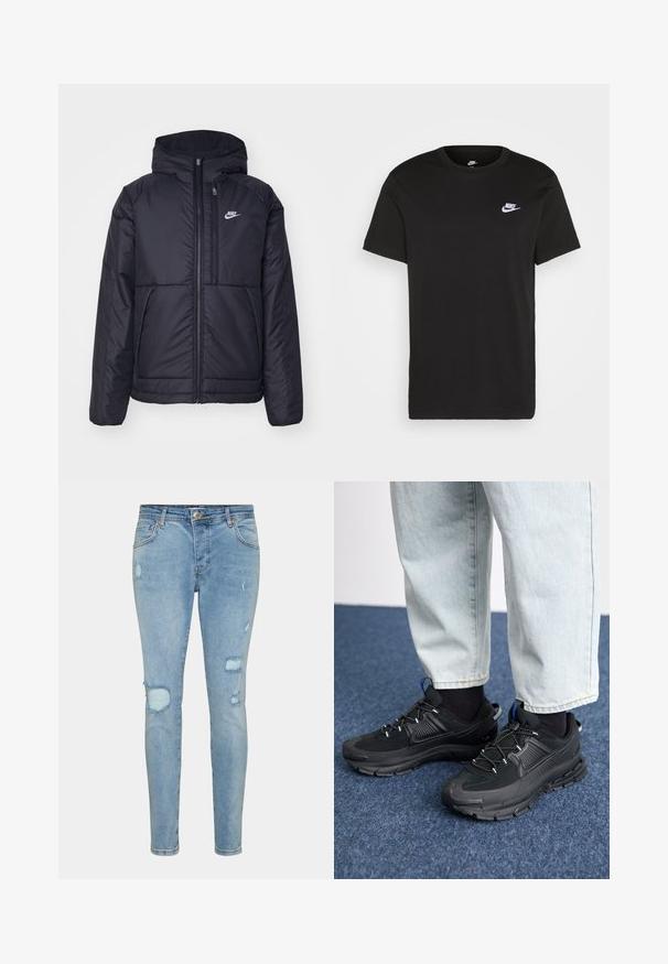Svart, polstret Nike-jakke med frontglidelås og hette. Har en hvit logo på venstre bryst og doble frontlommer. Glatt ytterside.; Svart bomull T-skjorte med kort erm, rund hals, og en liten hvit Nike-logo på øvre venstre bryst. Myk tekstur. Klassisk passform.; Lyseblå slanke jeans laget av denim, med slitne lapper på knærne, klassisk fem-lommers design, og glidelås med knappelukk.; Svarte sportssko med teksturert stoff og gummisåler, med elastiske lisser og en blå detalj på hælen. Brukt med lyse denimbukser.