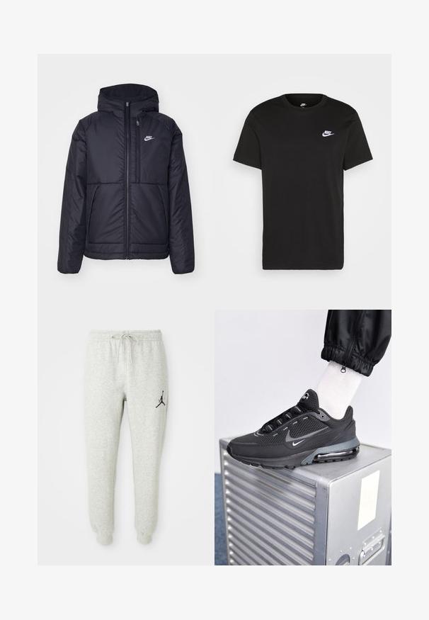 Chaqueta acolchada negra de Nike con cremallera frontal y capucha. Presenta un logo blanco en el lado izquierdo del pecho y dos bolsillos frontales. Textura exterior suave.; Camiseta de algodón negra con mangas cortas, cuello redondo y un pequeño logo blanco de Nike en la parte superior del lado izquierdo del pecho. Textura suave. Corte clásico.; Pantalones de chándal grises con cintura elástica y cordón, con un logo Jumpman negro en la pierna izquierda, fabricados con tela suave y texturizada.; Nike Sportswear PULSE - Zapatillas - black/anthracite