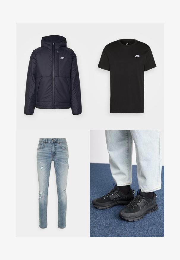 Casaco Nike preto, acolchoado, com fecho à frente e capuz. Apresenta um logo branco no lado esquerdo do peito e dois bolsos frontais. Textura exterior lisa.; T-shirt de algodão preto com mangas curtas, decote redondo e um pequeno logótipo da Nike em branco no canto superior esquerdo do peito. Textura suave. Ajuste clássico.; Jeans de denim azul claro com um ajuste slim, apresentando rasgos desgastados, cinco bolsos, fecho de botão e um desbotamento sutil por todo o tecido.; Sapatilhas desportivas pretas com tecido texturizado e solas em borracha, apresentando atacadores elásticos e um detalhe azul no calcanhar. Usadas com calças de ganga claras.