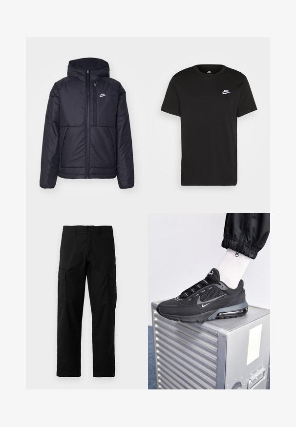 Zwarte, gewatteerde Nike-jas met een voorkant met ritssluiting en capuchon. Kenmerkt zich door een wit logo op de linkerborst en dubbele frontzakken. Gladde buitenkant.; Zwart katoen T-shirt met korte mouwen, ronde hals en een klein wit Nike-logo op de bovenste linkerborst. Gladde textuur. Klassieke pasvorm.; Zwarte cargo broek van duurzaam materiaal met zijzakken, een rechte snit en een knoopsluiting bij de taille.; Nike Sportswear PULSE - Sneakers laag - black/anthracite