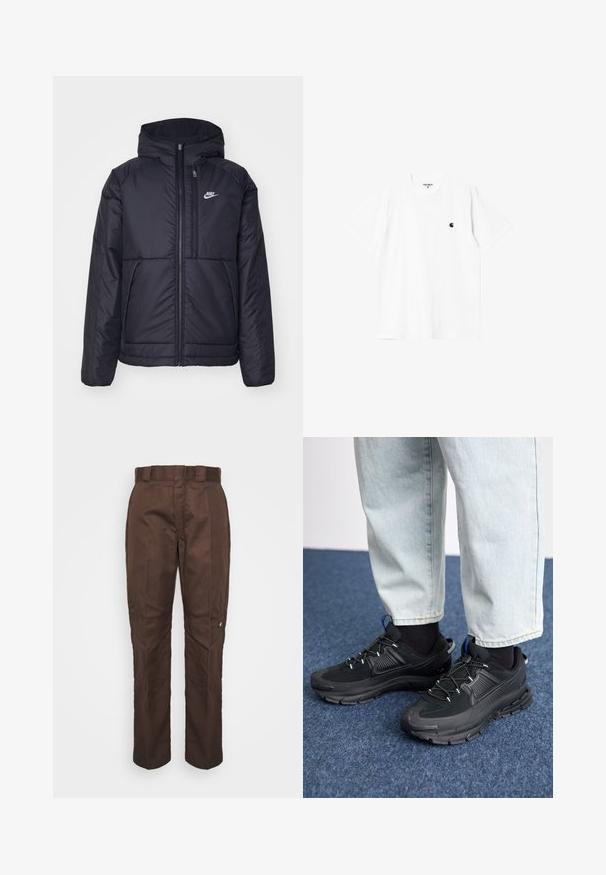 Fekete, párnázott Nike dzseki elülső cipzárral és kapucnival. A bal mellen fehér logó található, valamint két elülső zseb. Simának tűnő külső felület.; Fehér pamut póló rövid ujjal, kerek nyakkivágással és egy kis fekete logóval a bal mellrészen. Puha tapintású és szabványos fazonú.; barna, egyenes szárú nadrág sima textúrával. Övhurkokkal, oldalsó varrásokkal és egy kis márkás logóval a bal lábon rendelkezik.; Fekete sportcipők texturált anyaggal és gumitalppal, elasztikus fűzőkkel és kék kiegészítővel a saroknál. Világos farmernadrággal viselve.