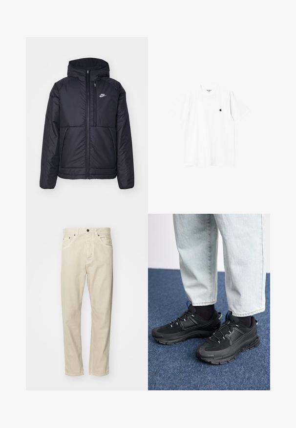 Black, padded Nike jacket with a front zipper and hood. Features a white logo on the left chest and dual front pockets. Smooth exterior texture.; White cotton t-shirt with short sleeves, round neck, and a small black logo on the left chest. Soft texture and standard fit.; Beige, cotton pants with a straight-leg design, five pockets, and metal hardware accents. Smooth texture with minimal stitching details.; Black athletic shoes with textured fabric and rubber soles, featuring elastic laces and a blue accent on the heel. Worn with light denim pants.