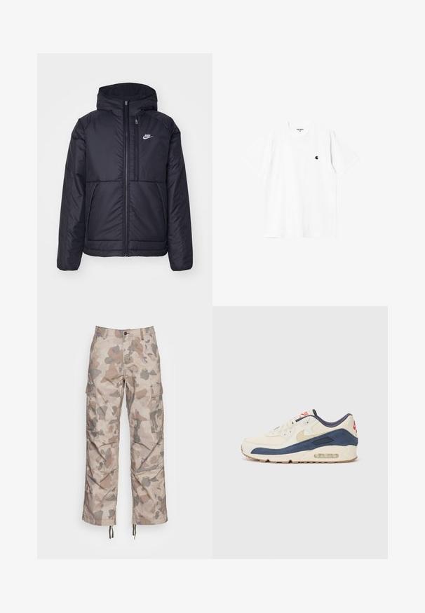 Casaco Nike preto, acolchoado, com fecho à frente e capuz. Apresenta um logo branco no lado esquerdo do peito e dois bolsos frontais. Textura exterior lisa.; T-shirt de algodão branco com mangas curtas, gola redonda e um pequeno logótipo preto no lado esquerdo do peito. Textura suave e corte padrão.; Carhartt WIP PANT COLUMBIA - Calças cargo - camo tide thyme rinsed; Tênis com parte superior em couro creme e camurça azul-marinho, apresentando uma sola de ar visível, solado em borracha bege e um detalhe vermelho no calcanhar.