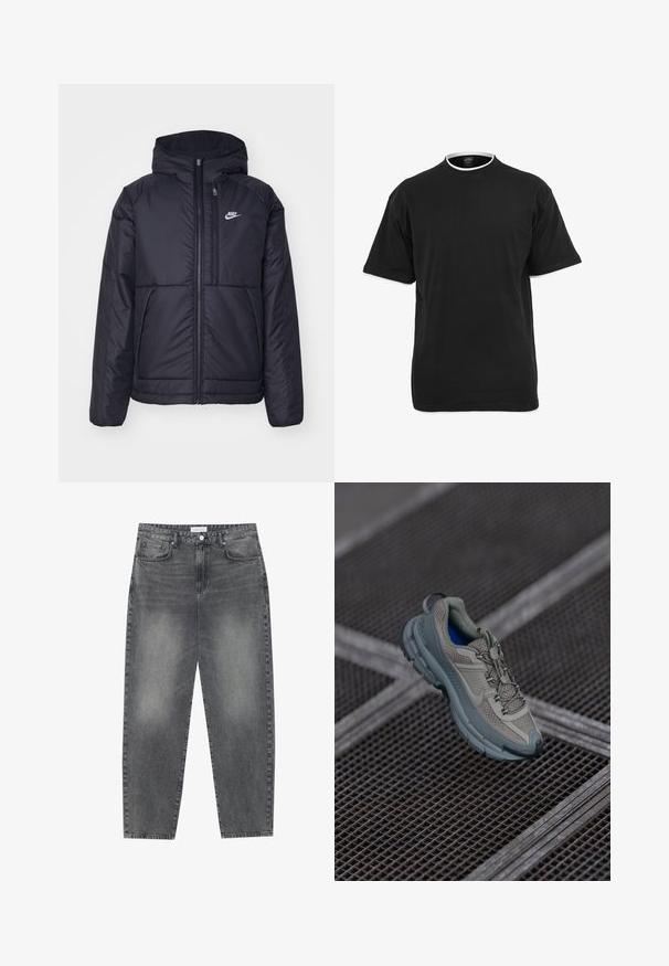 Čierna, polstrovaná bunda Nike so zipsom vpredu a kapucňou. Na ľavej strane hrude sa nachádza biele logo a sú tu dva predné vrecká. Hladký vonkajší povrch.; Čierne bavlnené tričko s krátkymi rukávmi, okrúhlym výstrihom a kontrastným bielym lemom pozdĺž goliera a okrajov rukávov.; Vysoké, voľné džínsy z vyblednutého čierneho denimu. Obsahujú päť vreciek, pútka na opasok a čistý, rovný strih nohavíc.; Béžová a šedá športová obuv s textúrovaným sieťovaným zvrškom, okrúhlou špičkou a gumovou podrážkou, vybavená šnúrkami a polstrovaným golierom.