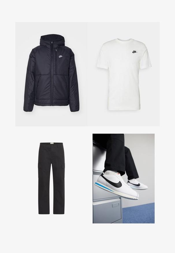 Juodas, paminkštintas Nike džemperis su priekyje užtrauktuku ir gobtuvu. Pasižymi balta logo kairėje krūtinės pusėje ir dviem priekinėmis kišenėmis. Su lygiu išoriniu paviršiumi.; Balta medvilninė trumpomis rankovėmis marškinėliai su apvalia iškirpte ir juodu Nike logotipu kairėje krūtinės pusėje. Lygus paviršius ir klasikinis siluetas.; Juodos spalvos krovininės kelnės iš tvirto audinio, turinčios dvi šonines kišenes, tiesios kojų linijos dizainą ir sagos užsegimą juosmens srityje.; Baltos odinės sportbačiai su juodu Nike logotipu, šviesiai mėlyna ir pilka guma padais bei klasikiniu raištelių dizainu. Kojos remiasi į dokumentų spintą.