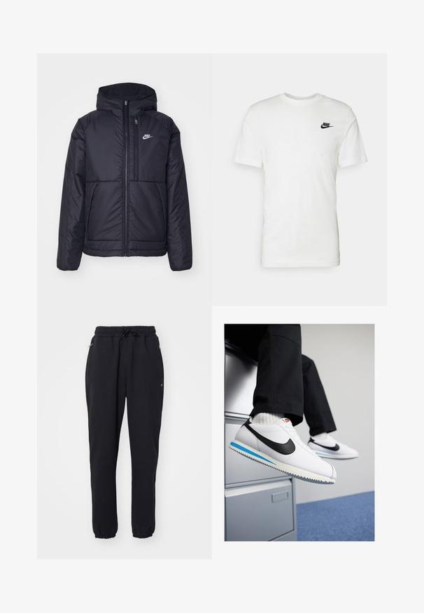 Chaqueta acolchada negra de Nike con cremallera frontal y capucha. Presenta un logo blanco en el lado izquierdo del pecho y dos bolsillos frontales. Textura exterior suave.; Camiseta de algodón blanca con mangas cortas, cuello redondo y un logo negro de Nike en el área del pecho izquierdo. Textura suave y corte clásico.; Pantalones de chándal negros hechos de tela suave, con cintura elástica y cordón, bolsillos laterales y puños elásticos en los tobillos.; Zapatillas blancas de cuero con un swoosh negro de Nike, suela de goma en azul claro y gris, y un diseño clásico de cordones. Pies apoyados en un archivero.