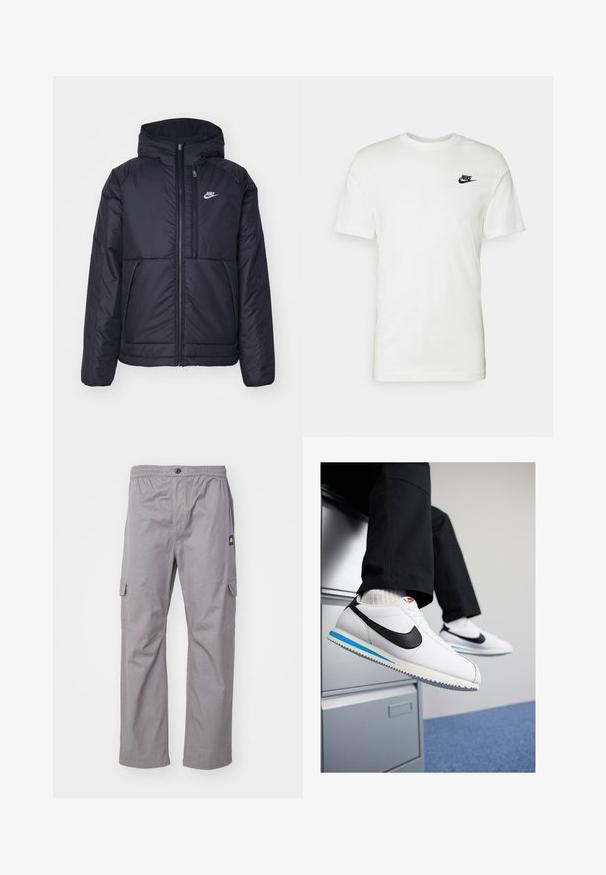 Crna Nike jakna s podstavom, dugmadi sprijeda i kapuljačom. Ima bijeli logotip na lijevoj strani prsnog koša i dva prednja džepa. Glatka vanjska tekstura.; Bijela pamučna majica s kratkim rukavima, okruglim izrezom i crnim Nike logom na lijevoj strani grudi. Glatka tekstura i klasičan kroj.; Sive hlače od terenca s elastičnim pojasom, kopčanjem na dugme, dva bočna džepa i malom oznakom s logotipom s lijeve strane. Mekani materijal i ravni kroj.; Bijele kožne tenisice s crnim Nike logotipom, svijetloplavi i sivi gumeni potplat te klasičan dizajn vezanja. Noge su naslonjene na ormar.