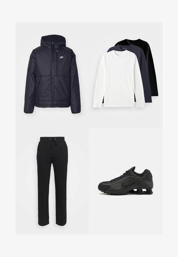 Black, padded Nike jacket with a front zipper and hood. Features a white logo on the left chest and dual front pockets. Smooth exterior texture.; Three long-sleeve T-shirts stacked: one white, one dark navy, and one black. Made of smooth cotton, featuring round necklines and side slits.; Black sweatpants made of a soft fabric with an elastic waistband and adjustable drawstring. Features straight legs and no visible pockets.; Black running shoes featuring a smooth synthetic upper, perforated accents, textured side panels, and a distinct springy sole.