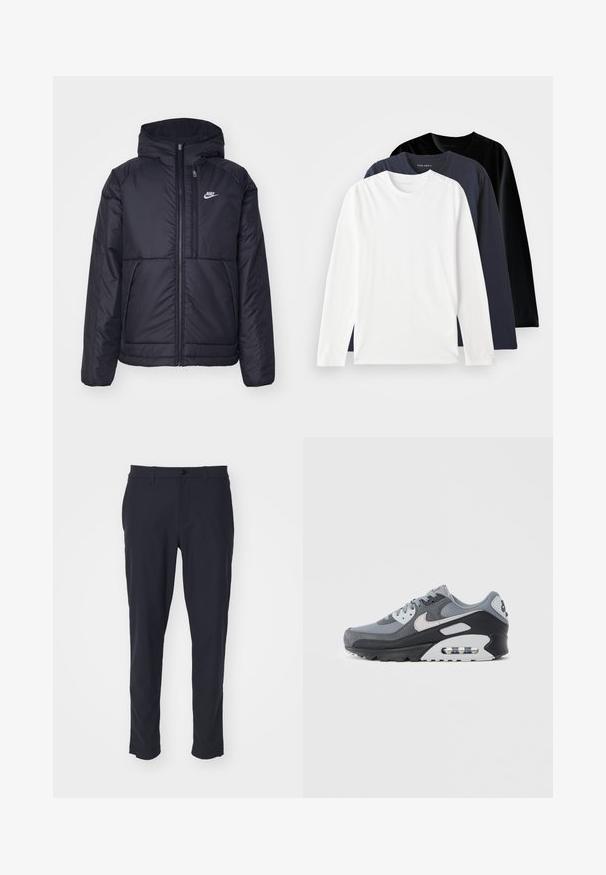 Fekete, párnázott Nike dzseki elülső cipzárral és kapucnival. A bal mellen fehér logó található, valamint két elülső zseb. Simának tűnő külső felület.; Három hosszú ujjú póló halmozva: egy fehér, egy sötét tengeri kék és egy fekete. Simított pamutból készült, kerek nyakkivágással és oldalsó hasítékokkal rendelkezik.; Sötétkék, szabott nadrág sima anyagból; gombos záródással, öv nélküli pántokkal és oldalzsebekkel rendelkezik; slim fit fazon.; Szürke tornacipő hálós és hasított bőr anyagok keverékével, fekete talppal és látható légpárnával. Jellegzetes világosszürke részletek és fűzők.