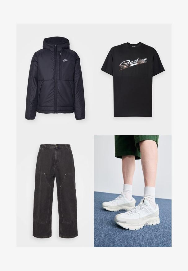 Čierna, polstrovaná bunda Nike so zipsom vpredu a kapucňou. Na ľavej strane hrude sa nachádza biele logo a sú tu dva predné vrecká. Hladký vonkajší povrch.; Čierne bavlnené tričko s lesklým logom "Carhartt" v štýlovom striebornom písme cez hruď, krátkymi rukávmi a okrúhlym výstrihom.; Carhartt WIP NASH PANT SMITH - Džínsy voľného strihu - black stone washed; Biele športové topánky s textúrovanými prešívaniami, robustnou podrážkou a sivými akcentami. Nosené s bielymi ponožkami po členky a zelenými šortkami na modrom povrchu.