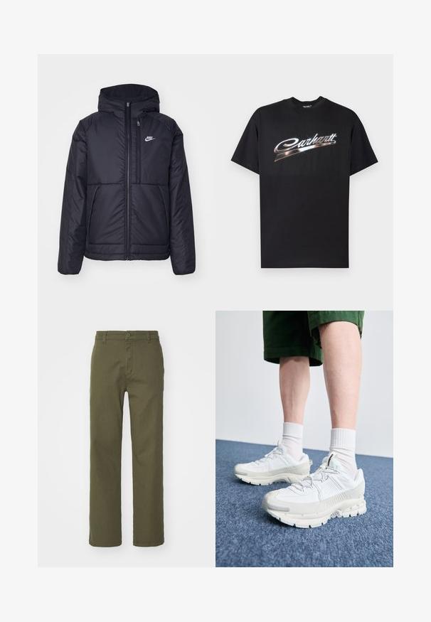 Jachetă Nike neagră, căptușită, cu fermoar pe față și glugă. Prezintă un logo alb pe pieptul stâng și două buzunare frontale. Textură exterioară netedă.; Tricou negru din bumbac, cu un logo lucios "Carhartt" în litere argintii stilizate pe piept, mâneci scurte și guler rotund.; Pantaloni verde măsliniu cu un design drept, cu închidere prin buton și fermoar, și buzunare laterale. Țesătura pare netedă cu o ușoară textură.; Pantofi sport albi cu suprapuneri texturate, talpă masivă și accente gri. Purtați cu șosete albe până la glezne și pantaloni scurți verzi pe o suprafață albastră.