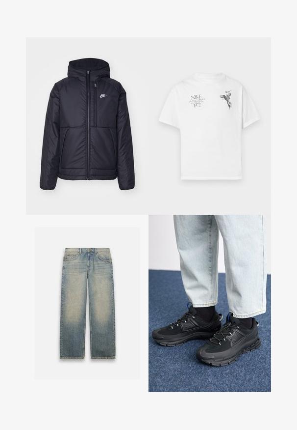Melna, pufota Nike jaka ar priekšējo rāvējslēdzēju un kapuci. Iezīmēta ar baltu logotipu uz kreisās krūtis un divām priekšējām kabatām. Gluda ārējā tekstūra.; Balts kokvilnas T-krekls ar melnu grafisku druku, kurā attēlots spārnots figūra un teksts, ar apaļu kaklu un īsām piedurknēm.; Gai zila džinsu bikses ar brīvu piegriezumu, taisnām kājām un izbalējušu krāsu. Iespējas ietver divas priekšējās kabatas un pogu aizdari.; Melni sporta apavi ar strukturētu audumu un gumijas zoli, ar elastīgām auklām un zilu akcentu uz papēža. Nēsāti ar gaišām džinsu biksēm.