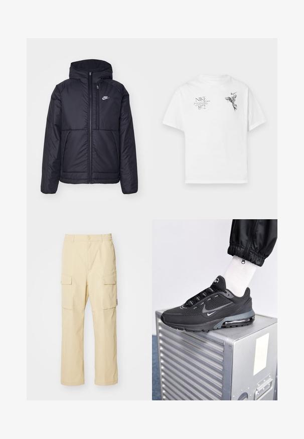 Czarna, pikowana kurtka Nike z przednim zamkiem błyskawicznym i kapturem. Posiada białe logo po lewej stronie klatki piersiowej oraz podwójne kieszenie z przodu. Gładka struktura zewnętrzna.; Biała koszulka z bawełny z czarnym graficznym nadrukiem skrzydlatej postaci oraz tekstem, z okrągłym dekoltem i krótkimi rękawami.; Beżowe spodnie cargo wykonane z materiału z elastycznym paskiem i zapięciem na guzik. Posiadają dwie boczne kieszenie i prosty fason.; Nike Sportswear PULSE czarny