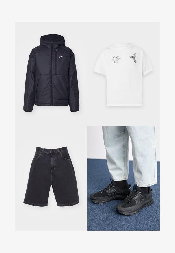 Veste Nike noire rembourrée avec une fermeture éclair sur le devant et une capuche. Elle présente un logo blanc sur la poitrine gauche et deux poches avant. Texture extérieure lisse.; T-shirt en coton blanc avec un imprimé graphique noir d'une figure ailée et du texte, avec un col rond et des manches courtes.; Shorts en denim foncé à taille haute, dotés de deux poches avant, avec des coutures jaunes contrastées et une coupe droite avec une finition ourlée.; Des chaussures de sport noires avec un tissu texturé et des semelles en caoutchouc, dotées de lacets élastiques et d'un accent bleu au talon. Portées avec un pantalon en denim clair.