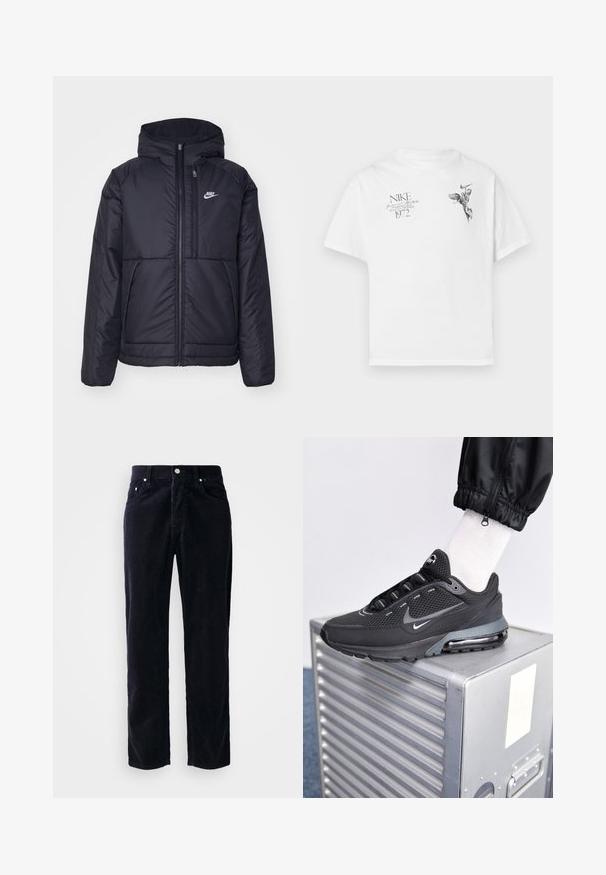 Schwarze, gepolsterte Nike-Jacke mit Frontreißverschluss und Kapuze. Hat ein weißes Logo auf der linken Brust und zwei Fronttaschen. Glattes äußeres Material.; Weißes Baumwoll-T-Shirt mit einem schwarzen Grafikdruck eines geflügelten Figures und Text, mit Rundhalsausschnitt und kurzen Ärmeln.; Marineblaues Cordhosen mit geradem Schnitt, fünf Taschen und Knopfverschluss. Verfügt über vertikalen, gerippten Stoff und metallische Akzentuierungen.; Nike Sportswear PULSE - Sneaker low - black/anthracite