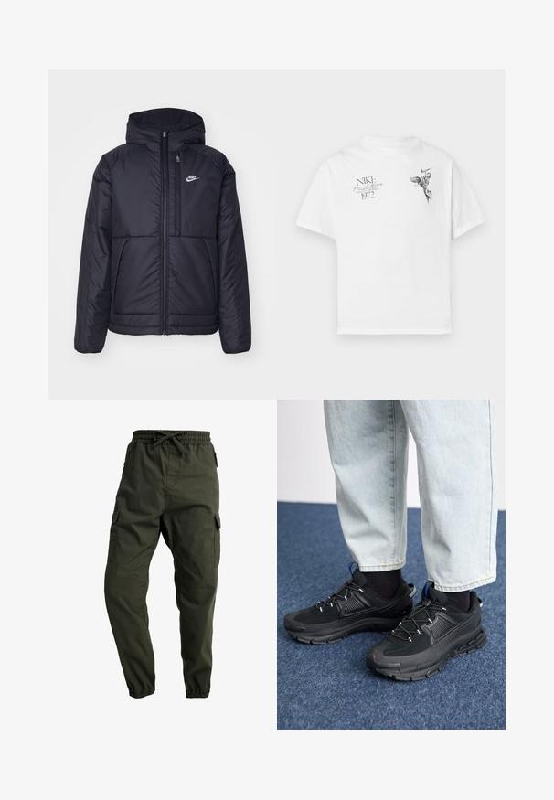 Giacca Nike nera, imbottita, con zip frontale e cappuccio. Presenta un logo bianco sul lato sinistro del petto e doppie tasche frontali. Texture esterna liscia.; T-shirt in cotone bianco con stampa grafica nera di una figura alata e testo, con collo tondo e maniche corte.; Carhartt WIP JOGGER COLUMBIA - Pantaloni cargo - cypress rinsed; Scarpe sportive nere con tessuto testurizzato e suole in gomma, dotate di lacci elastici e un accento blu sul tallone. Indossate con pantaloni in denim chiaro.