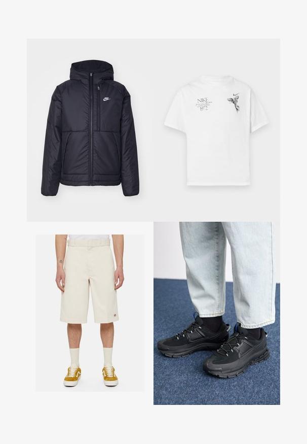 Black, padded Nike jacket with a front zipper and hood. Features a white logo on the left chest and dual front pockets. Smooth exterior texture.; White cotton t-shirt featuring a black graphic print of a winged figure and text, with a crew neck and short sleeves.; Beige cotton shorts with a straight cut, flat front, and side pockets. Features a small logo patch near the hem. Worn with yellow sneakers.; Black athletic shoes with textured fabric and rubber soles, featuring elastic laces and a blue accent on the heel. Worn with light denim pants.