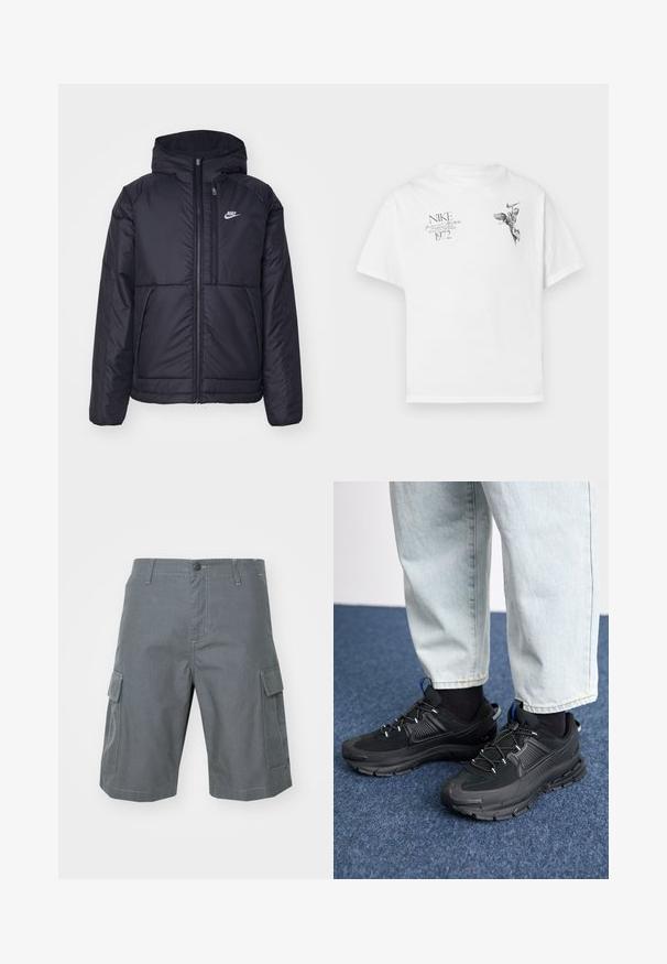 Black, padded Nike jacket with a front zipper and hood. Features a white logo on the left chest and dual front pockets. Smooth exterior texture.; White cotton t-shirt featuring a black graphic print of a winged figure and text, with a crew neck and short sleeves.; Carhartt WIP REGULAR CARGO COLUMBIA - Shorts - graphite; Black athletic shoes with textured fabric and rubber soles, featuring elastic laces and a blue accent on the heel. Worn with light denim pants.