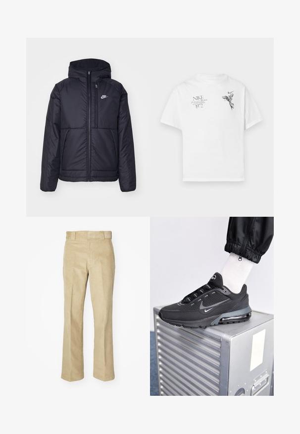 Zwarte, gewatteerde Nike-jas met een voorkant met ritssluiting en capuchon. Kenmerkt zich door een wit logo op de linkerborst en dubbele frontzakken. Gladde buitenkant.; Witte katoenen t-shirt met een zwarte grafische print van een gevleugeld figuur en tekst, met een ronde hals en korte mouwen.; Dickies FLAT FRONT PANT - Broek - khaki; Nike Sportswear PULSE - Sneakers laag - black/anthracite
