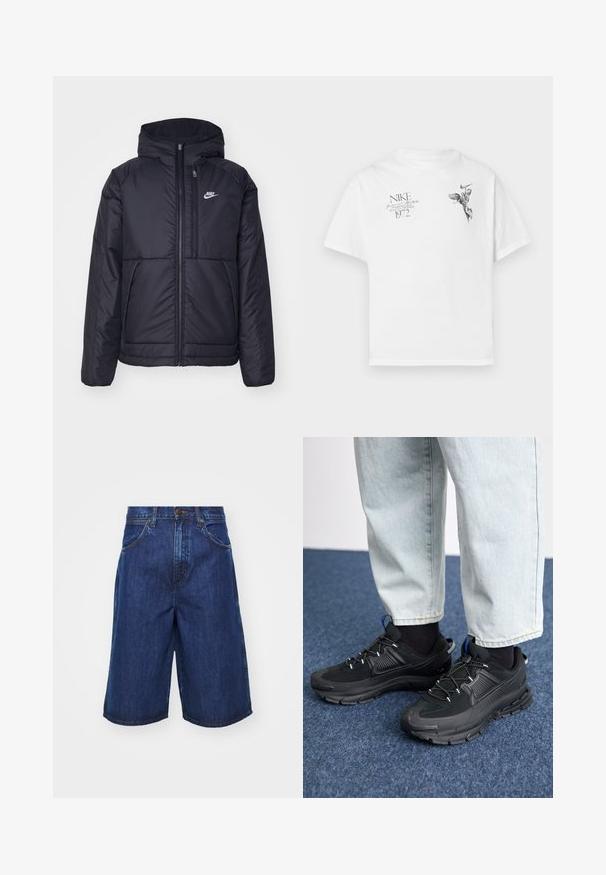 Juodas, paminkštintas Nike džemperis su priekyje užtrauktuku ir gobtuvu. Pasižymi balta logo kairėje krūtinės pusėje ir dviem priekinėmis kišenėmis. Su lygiu išoriniu paviršiumi.; Balta medvilninė marškinėlių su apvaliu kaklu ir trumpomis rankovėmis, ant kurios yra juodas grafikas sparnuoto figūros ir tekstas.; Tamsiai mėlynos džinsinės šortai, turintys laisvą kirpimą, dideles šonines kišenes ir matomas siuvimo detales. Vidutinio juosmens su knopkų uždarymu.; Juodi sportiniai bateliai su tekstūruota medžiaga ir guminiais padais, su elastingomis raišteliais ir mėlynu akcentu ant kulno. Dėvimi su šviesiai mėlynomis džinsinėmis kelnėmis.