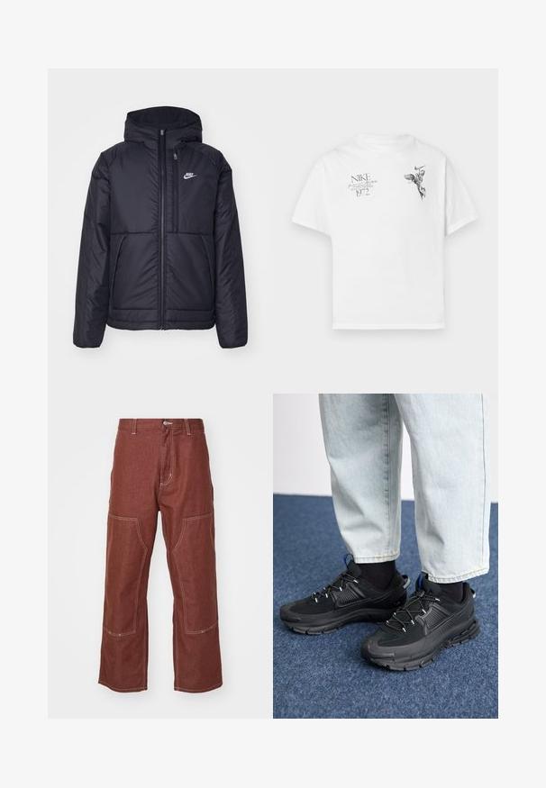 Must musta Nike jope, millel on ees lukuga avamine ja kapuuts. Vasakpoolne rind on kaunistatud valge logoga ning ees on kaks taskut. Sile välimine tekstuur.; Valge puuvillane T-särk, millel on must graafiline trükk tiivulise kuju ja tekstiga, ümardatud kaeluse ning lühikeste varrukatega.; Carhartt WIP MIDLAND DOUBLE KNEE PANT - Avar lõikega teksad - offroad rinsed; Mustad mustad jooksukingad, millel on tekstureeritud kangas ja kummist tallad, elastsed nöörid ning sinine aksent kandadel. Kandmine heledate teksadega.