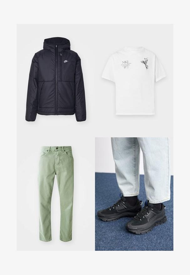 Melna, pufota Nike jaka ar priekšējo rāvējslēdzēju un kapuci. Iezīmēta ar baltu logotipu uz kreisās krūtis un divām priekšējām kabatām. Gluda ārējā tekstūra.; Balts kokvilnas T-krekls ar melnu grafisku druku, kurā attēlots spārnots figūra un teksts, ar apaļu kaklu un īsām piedurknēm.; Zaļi džinsi ar taisnu piegriezumu, piecām kabatām un priekšējo pogu aizdari. Iespējota viegla tekstūra un tīrs apdares izskats.; Melni sporta apavi ar strukturētu audumu un gumijas zoli, ar elastīgām auklām un zilu akcentu uz papēža. Nēsāti ar gaišām džinsu biksēm.