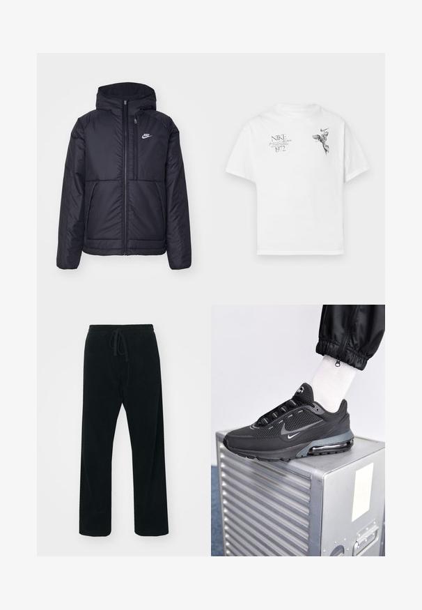 Chaqueta acolchada negra de Nike con cremallera frontal y capucha. Presenta un logo blanco en el lado izquierdo del pecho y dos bolsillos frontales. Textura exterior suave.; Camiseta blanca de algodón con un estampado gráfico negro de una figura alada y texto, con cuello redondo y mangas cortas.; Carhartt WIP FLOYDE PANT - Pantalones - black rinsed; Nike Sportswear PULSE - Zapatillas - black/anthracite