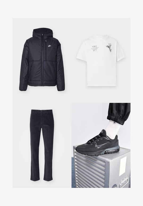 Black, padded Nike jacket with a front zipper and hood. Features a white logo on the left chest and dual front pockets. Smooth exterior texture.; White cotton t-shirt featuring a black graphic print of a winged figure and text, with a crew neck and short sleeves.; Dark gray corduroy pants with a straight-leg design, featuring a front button closure and side pockets. Soft texture with vertical ridges.; Nike Sportswear PULSE - Trainers - black/anthracite