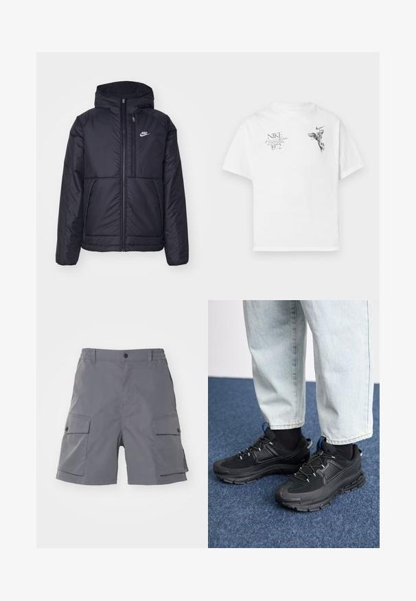 Czarna, pikowana kurtka Nike z przednim zamkiem błyskawicznym i kapturem. Posiada białe logo po lewej stronie klatki piersiowej oraz podwójne kieszenie z przodu. Gładka struktura zewnętrzna.; Biała koszulka z bawełny z czarnym graficznym nadrukiem skrzydlatej postaci oraz tekstem, z okrągłym dekoltem i krótkimi rękawami.; Carhartt WIP BALTO antracytowy; Czarne buty sportowe z teksturowanej tkaniny i gumowymi podeszwami, z elastycznymi sznurówkami i niebieskim akcentem na pięcie. Noszone z jasnymi dżinsami.