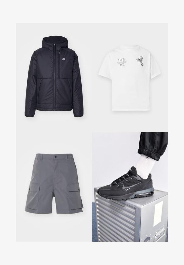 Zwarte, gewatteerde Nike-jas met een voorkant met ritssluiting en capuchon. Kenmerkt zich door een wit logo op de linkerborst en dubbele frontzakken. Gladde buitenkant.; Witte katoenen t-shirt met een zwarte grafische print van een gevleugeld figuur en tekst, met een ronde hals en korte mouwen.; Carhartt WIP BALTO - Shorts - graphite; Nike Sportswear PULSE - Sneakers laag - black/anthracite