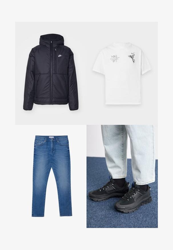 Casaco Nike preto, acolchoado, com fecho à frente e capuz. Apresenta um logo branco no lado esquerdo do peito e dois bolsos frontais. Textura exterior lisa.; T-shirt de algodão branco com uma impressão gráfica preta de uma figura alada e texto, com decote redondo e mangas curtas.; Jeans de denim azul com um design de perna reta, apresentando bolsos frontais, costuras acolchoadas e um fecho clássico com botão.; Sapatilhas desportivas pretas com tecido texturizado e solas em borracha, apresentando atacadores elásticos e um detalhe azul no calcanhar. Usadas com calças de ganga claras.