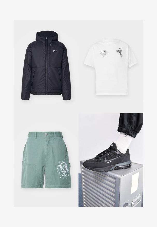 Černá zateplená bunda Nike s předním zipem a kapucí. Na levé straně hrudi má bílé logo a dvojité přední kapsy. Hladký povrch.; Bílý bavlněný tričko s černým grafickým potiskem křídlené postavy a textem, s kulatým výstřihem a krátkými rukávy.; Zelené bavlněné šortky s volnějším střihem, které mají dvě přední kapsy a bílou sluneční grafiku na pravé nohavici. Jednoduchý lem, žádné vzory.; Nike Sportswear PULSE - Tenisky - black/anthracite